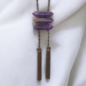 Boho Amethyst Bar Pendant Necklace | Antique Brass Chain | Tassel Dangle
